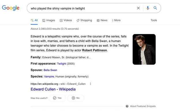 A great example can be found on the Infront website. A query about the actor playing the “sparkling vampire in Twilight” will return a knowledge panel about Edward Cullen. The panel also mentions “Robert Pattinson”, the actor who played the role.
