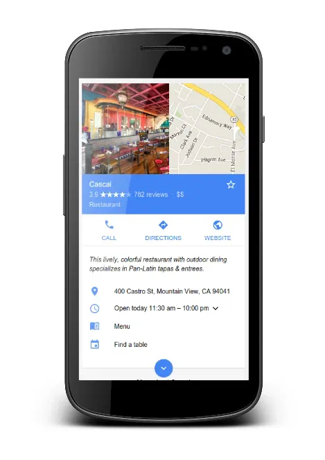 Phone with a restaurant listing in Google: venue photo and map, star rating, call and directions buttons, address and opening hours