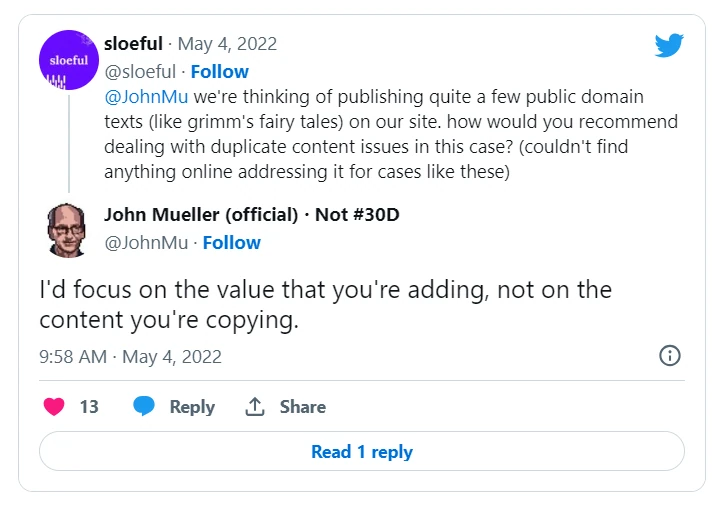 John Muller on duplicate content and its potential value