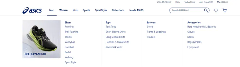 Layout of information architecture using the Asics site and a category related to men's sports footwear