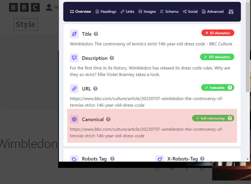 Example of specifying a canonical tag using the Chrome plugin - Detailed SEO Extension