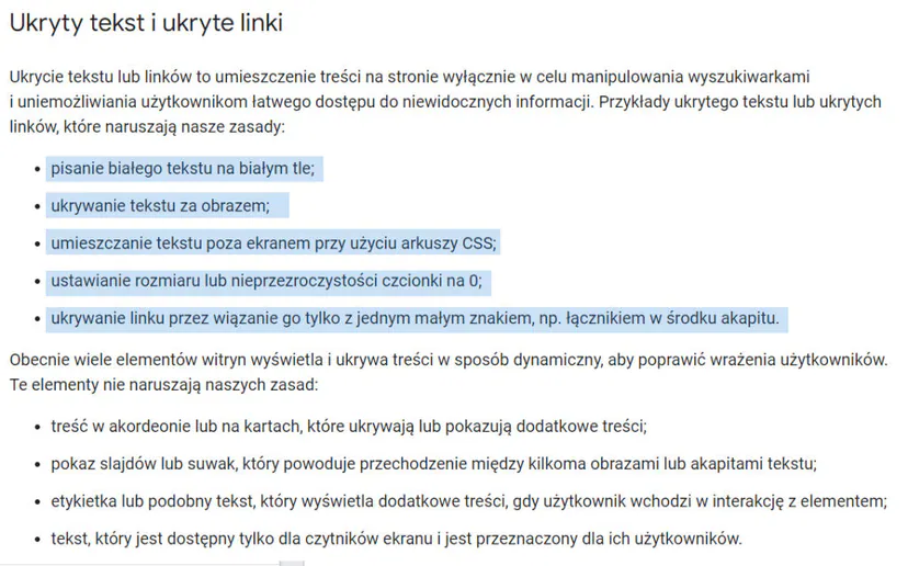 A fragment of Google documentation “Google Search spam policies” and a reference to a thread titled hidden text and hidden links