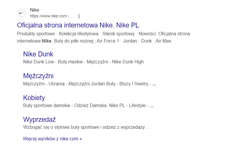 Presentation of information architecture after entering the Nike branded query