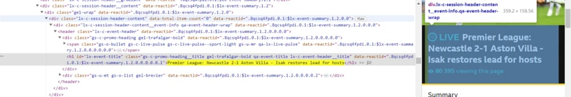 Heading format in the source code on BBC Sport