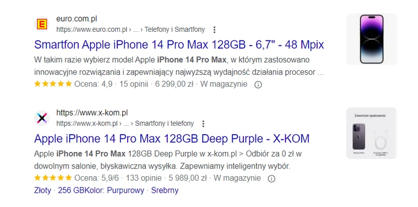 Example of structured data in the form of a search query for Iphone 14 PRO Max and the display of reviews, price and stock availability