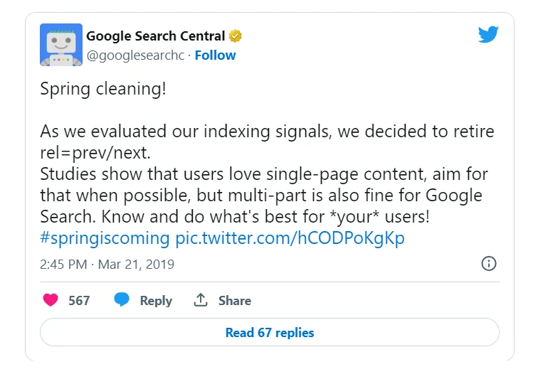 Google Search Central on phasing out next and prev
