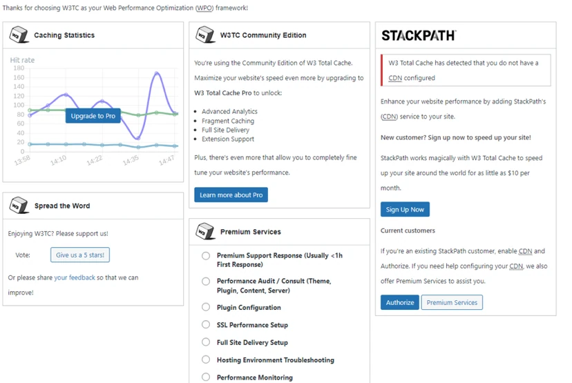 Basic view of the W3 Total Cache plugin