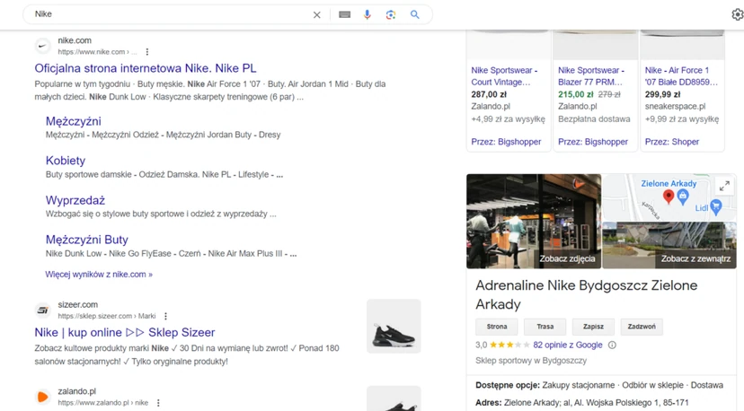 An example of navigational intent based on a query about the clothing brand Nike