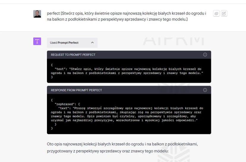 Example of using and paraphrasing a prompt with the Prompt Perfect plugin.
