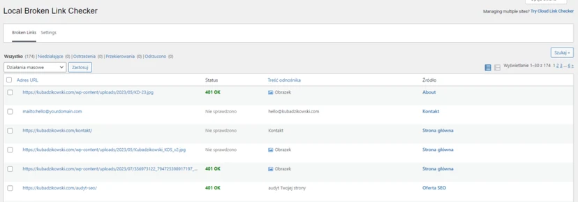 Link checking list in Local Broken Link Checker