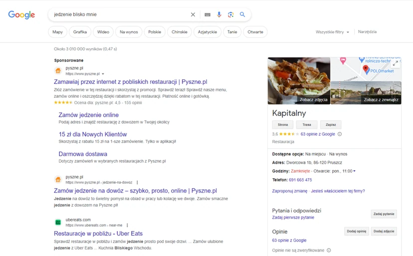 An example of local SEO based on a query related to searching for dining venues