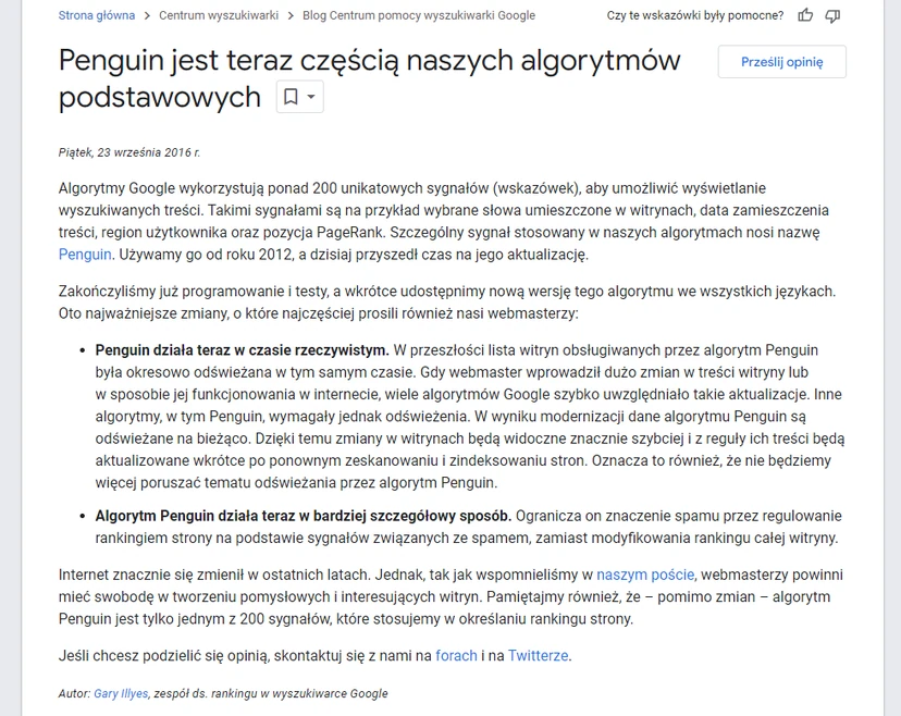 Excerpt from Google documentation in relation to the Pingwin algorithm