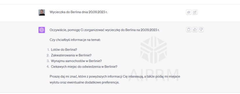 A simple prompt with a trip to Berlin and the response from the Kayak plugin