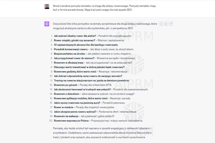 Example of creating a simple prompt for a bike shop in the form of blog ideas 