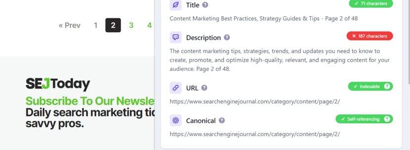An example of implementing self-referencing canonical on Searchenginejournal in the blog section