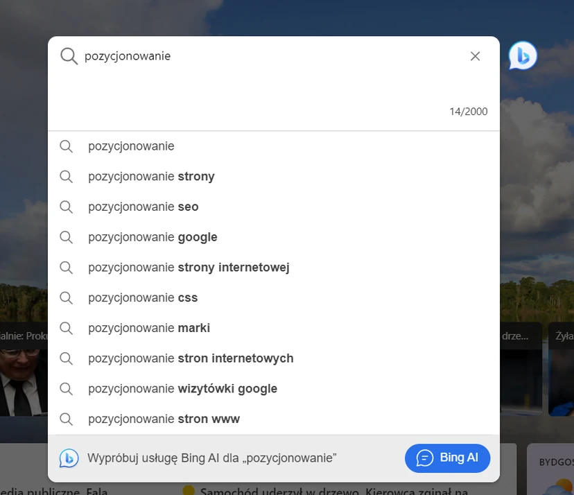 Example of using Google Autocomplete for the query "pozycjonowanie"