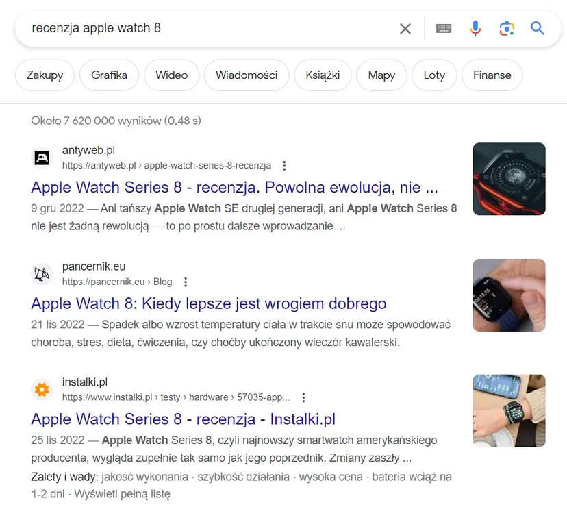 An example of commercial intent in the form of a query about a review of Apple Watch 8 electronic equipment