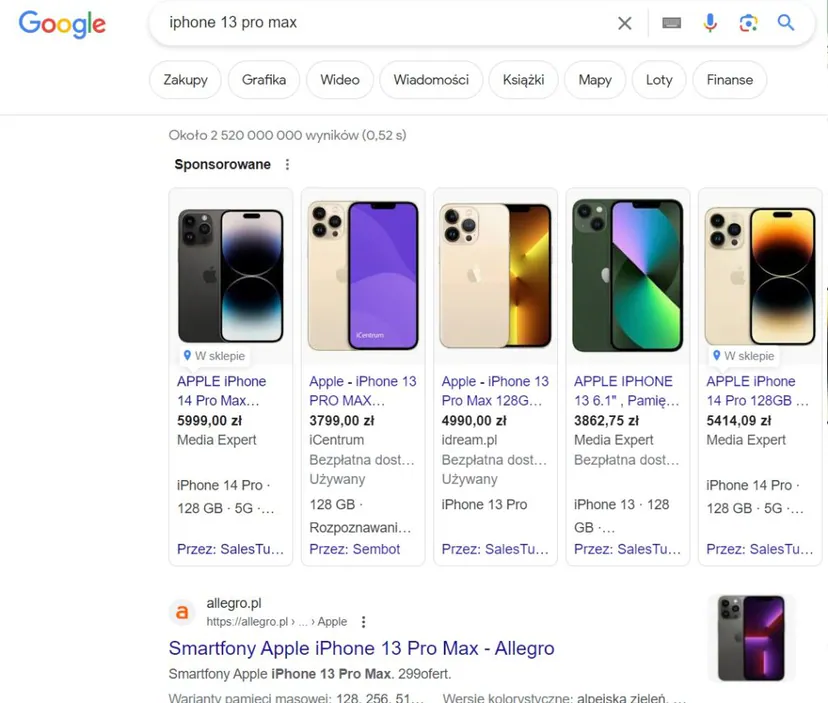 An example of transactional intent based on a query about Iphone 13 Pro Max