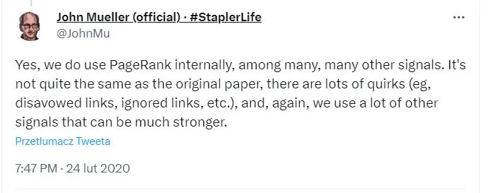 John Muller on the use of PageRank on Twitter. The statement suggests that PageRank is still used, but in a slightly different form