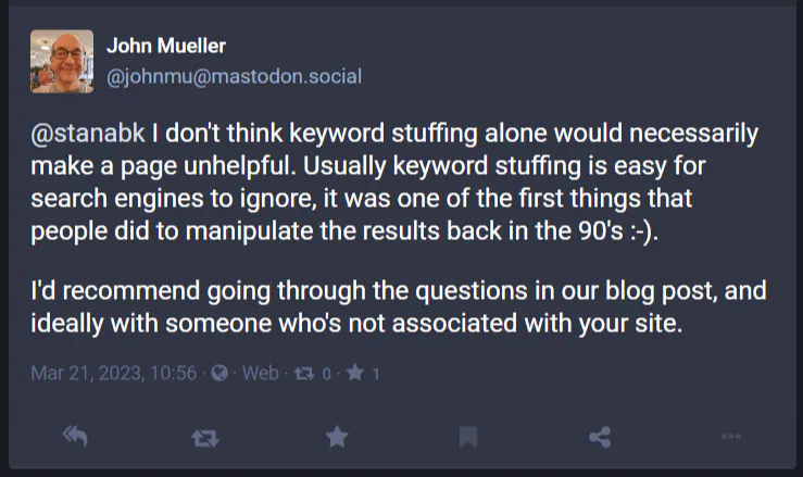John Mueller’s statement on keyword stuffing and an unhelpful page