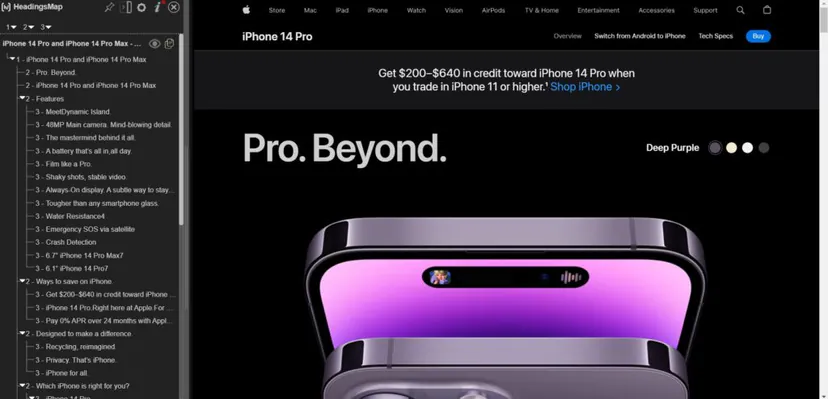 Example of using the HeadingsMap plugin to display headings on the Apple website