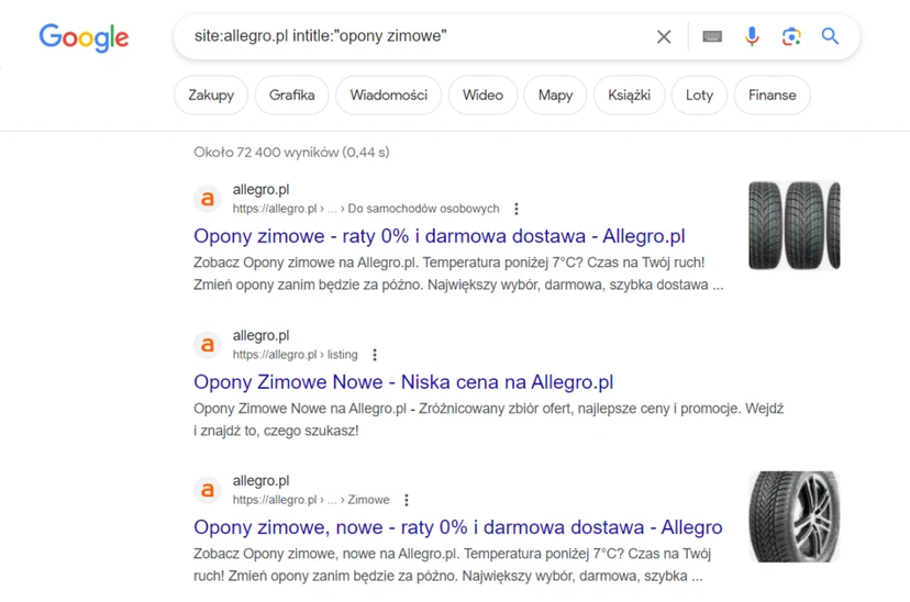 Example of using the site intitle operator on the example of the keyword "winter tyres"