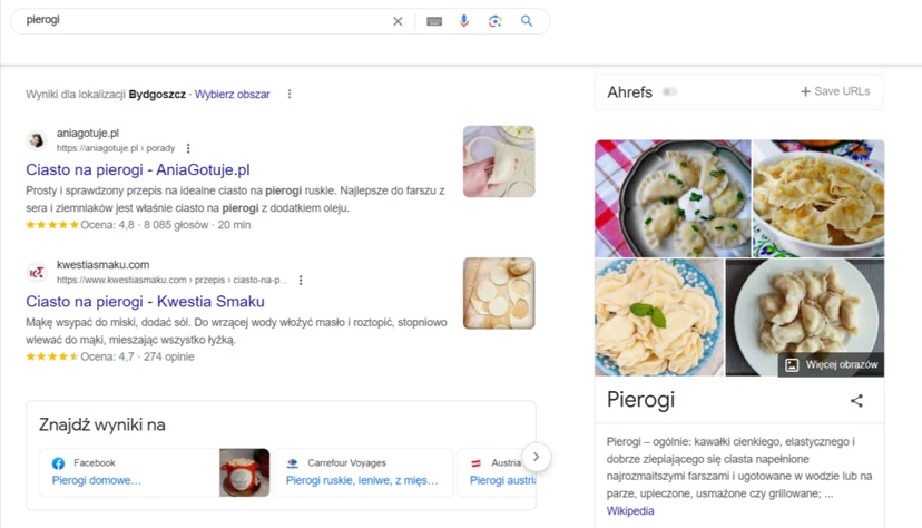 An example of displaying a query for the keyword pierogi, which interestingly shows how Google handles semantics