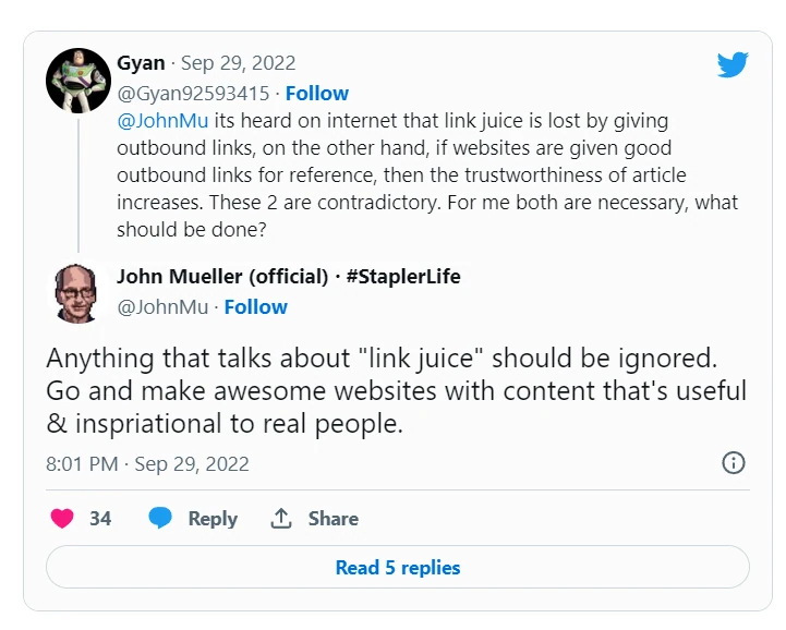 In the next question, John Muller answers in the same way: focus on the usefulness of the content. Everything that has been said about Link Juice should be ignored.