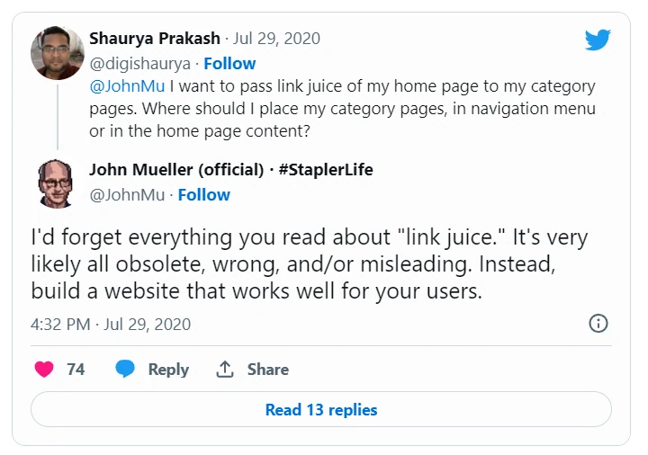 Question about passing PageRank to John Muller. What did he answer? Focus on the site that works well for users. Information about Link Juice is either outdated or wrong. Really? 