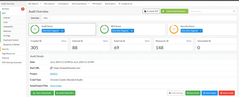 Example view of the Sitebulb website crawling tool