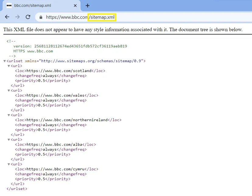 Example of the BBC News sitemap. Just enter the /sitemap.xml suffix after the slug to see the sitemap structure. 