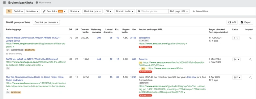 Example of acquiring broken backlinks based on Amazon in Ahrefs