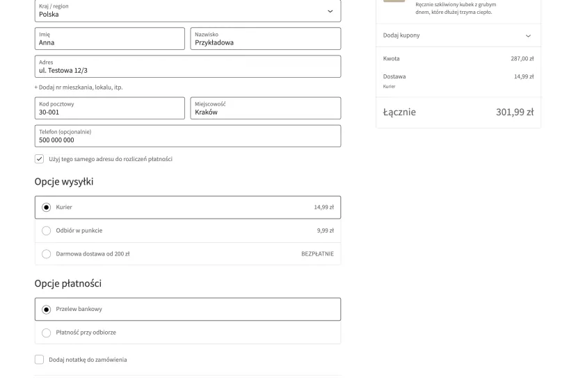 Section for choosing delivery method and payment in the demo WooCommerce store checkout