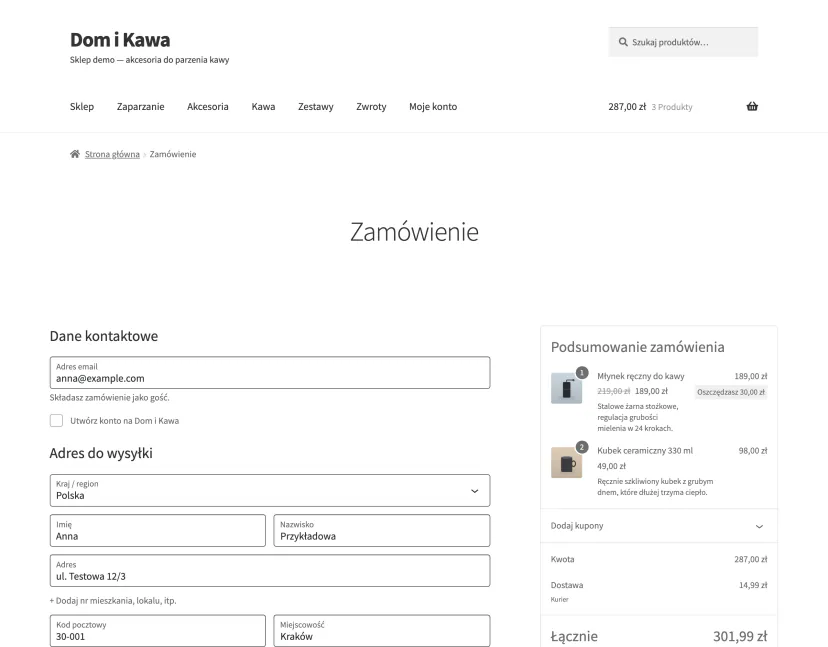 Checkout in a WooCommerce demo store with contact details, delivery address and order summary fields