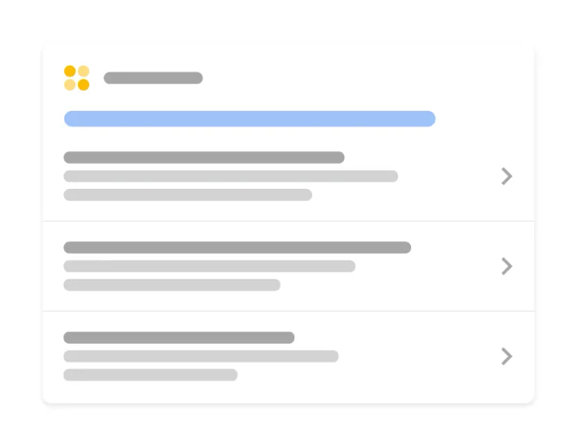 Mock-up of a list of three positions from the same website in Google results: each with a title, description and transition arrow on the right