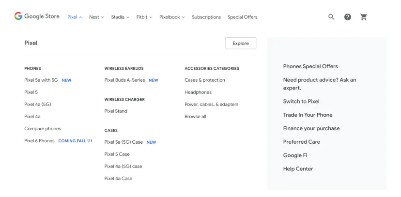 Expanded online store menu with category columns: phones, headphones, chargers, cases and supporting links
