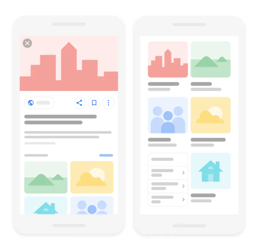 Two phone screens with image search results: a large preview of the graphic with the page title and a grid of thumbnails with captions