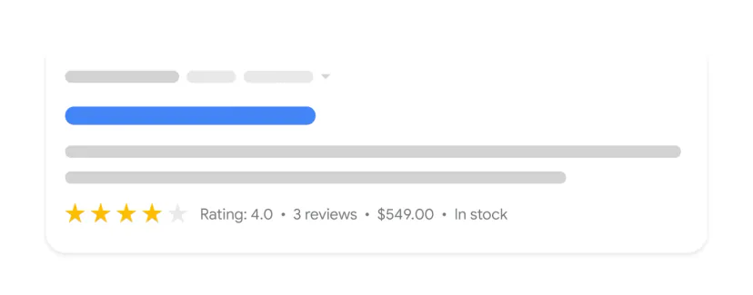 Mock-up of a product search result with yellow rating stars, review count, price in dollars and availability information
