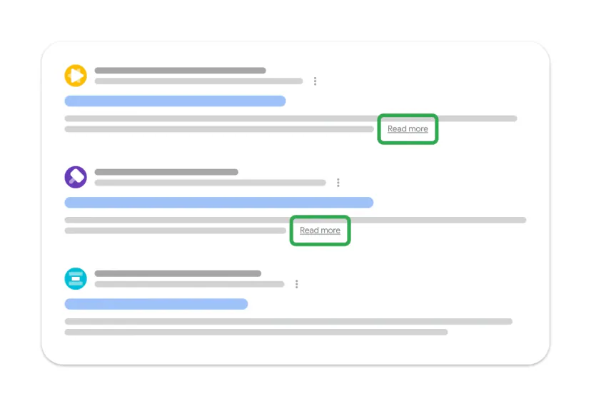 Mock-up of three search results; in two of them, the ‘Read more’ link at the end of the description is highlighted with a green frame