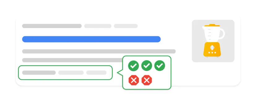 Mock-up of a search result with a blender thumbnail; below the description, a list of pros is highlighted with green markers and cons with red markers