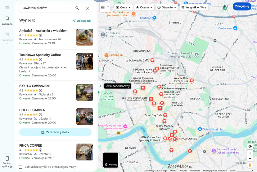 Google Maps after searching for a café in Kraków: a list of places with ratings, review counts and opening hours next to a map with pins