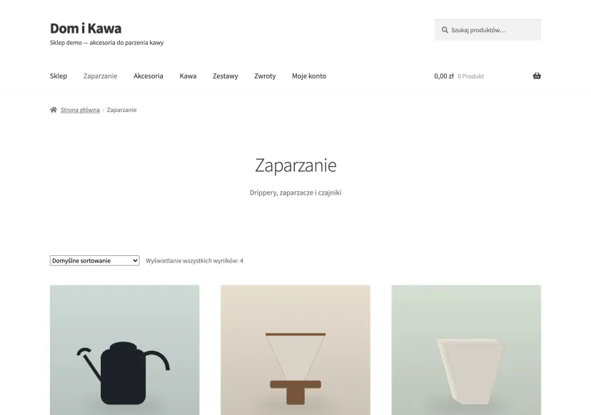 Category page ‘Brewing’ in the WooCommerce demo store with a product list, sorting and price filters