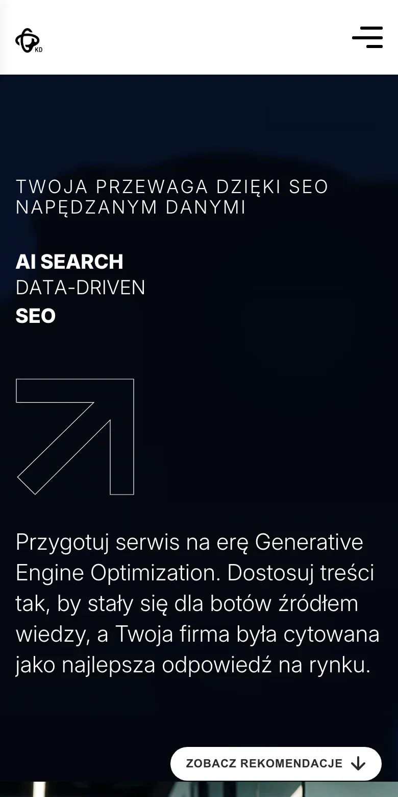 Homepage of the website on a phone screen: logo, hamburger menu, large heading and call-to-action button above the fold