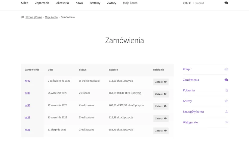 The “Orders” tab in the customer account of the WooCommerce demo store with a list of orders and their statuses