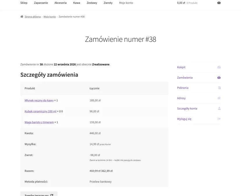 Order details in the customer account of a WooCommerce demo store with items, refunded amount and delivery address