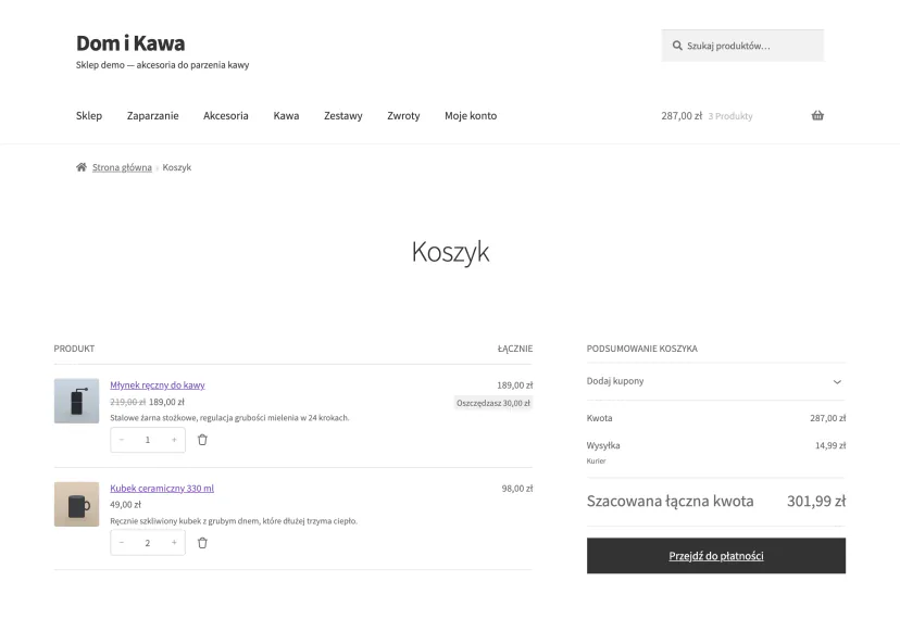 Basket in a demo WooCommerce shop with two products, order total and a checkout button