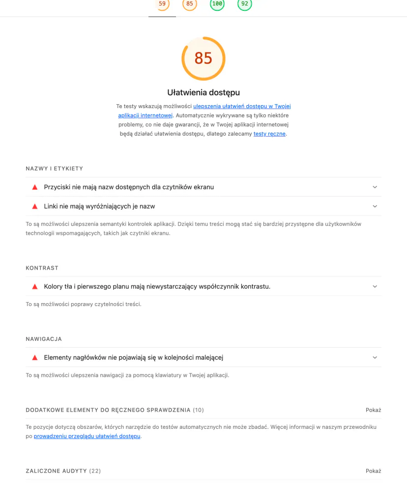 Accessibility category in the Lighthouse report with a list of notes about buttons without names, links without labels and contrast