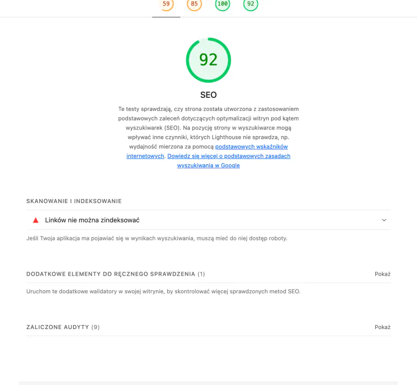SEO category in the Lighthouse report with a score and the “Crawling and indexing” section containing one warning