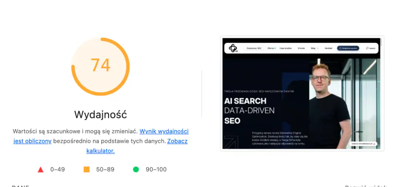 Lighthouse performance metric in the desktop version alongside a preview of the home page and a legend of three score ranges