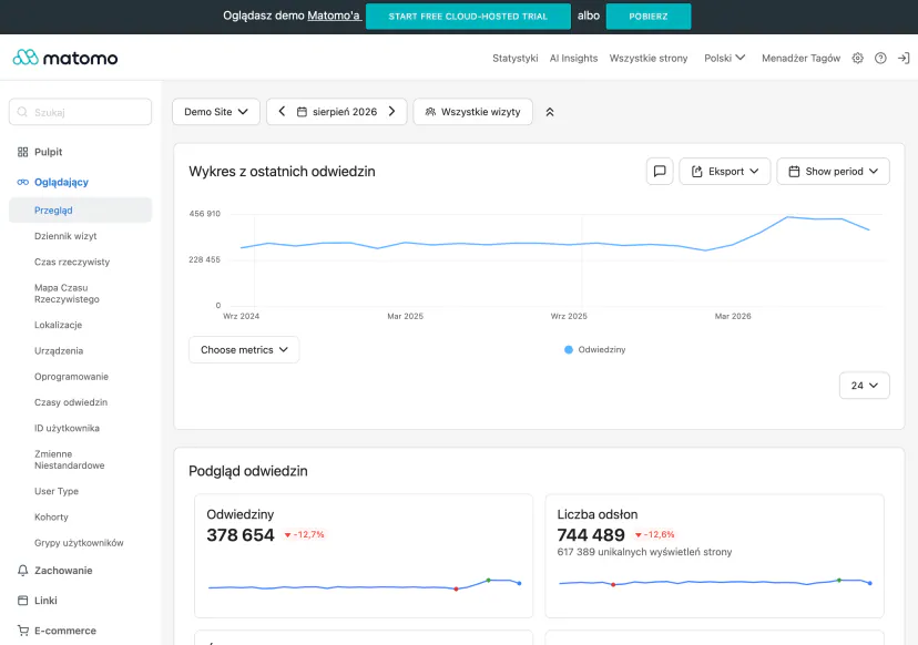 Matomo dashboard: chart of the number of visits from recent months and tiles with visits, page views and visit duration